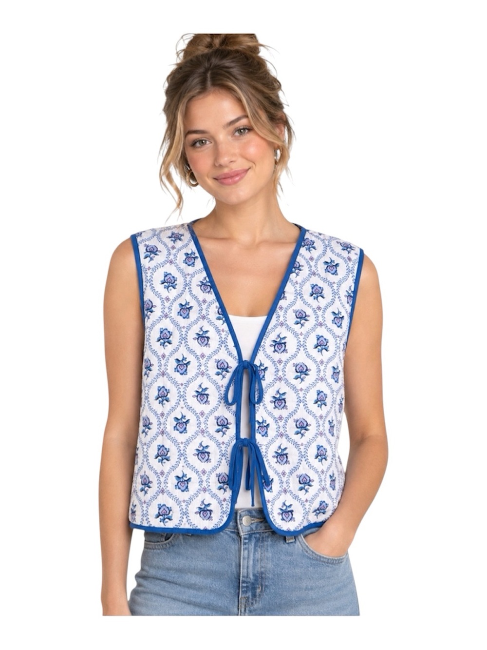 Nanette Lepore Quilted Vest Tie Front Blue Floral Size L Cottage Core Coquette